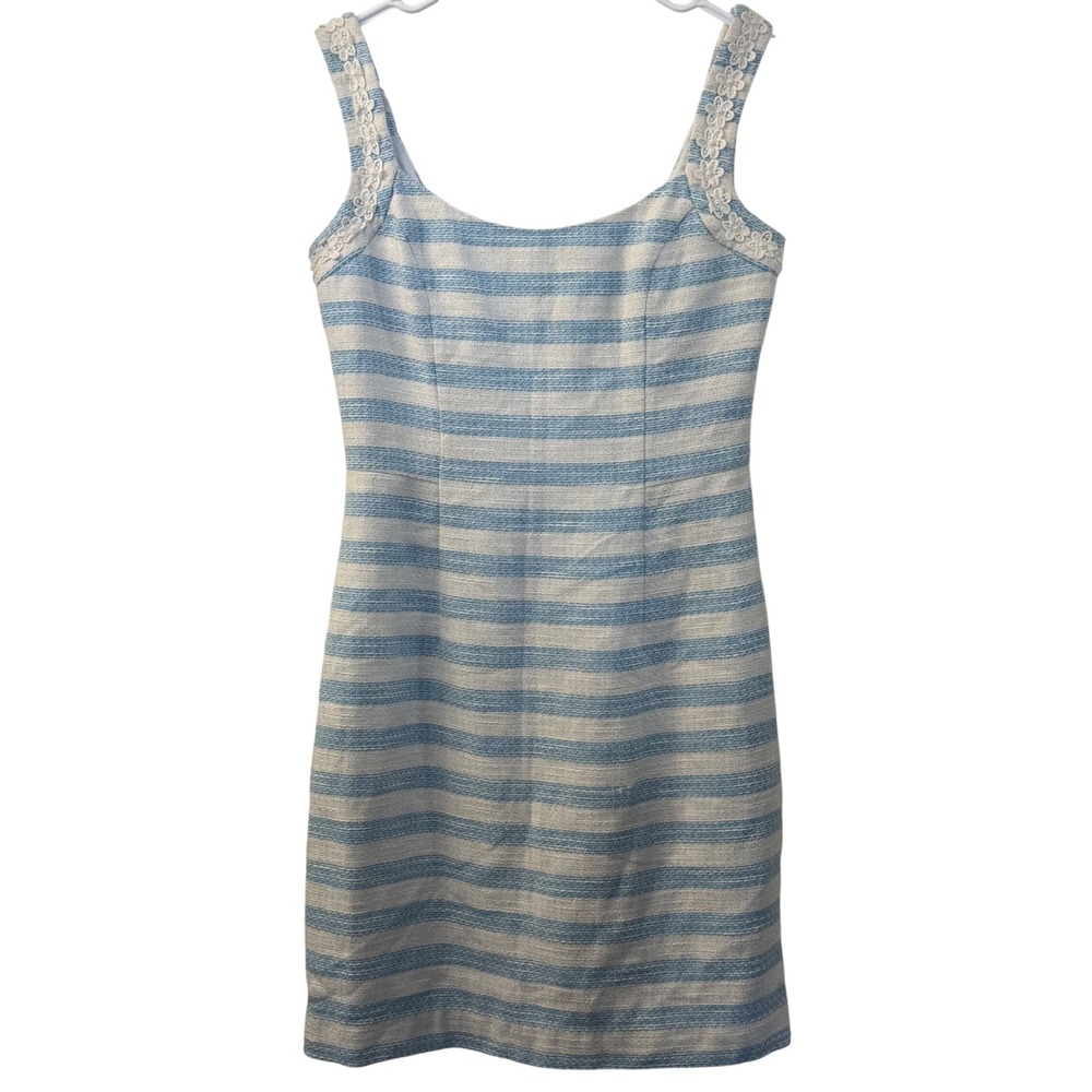 Lilly Pulitzer Blue White Striped Tweed Shift Dress‎ Metallic Floral Lace Size 6